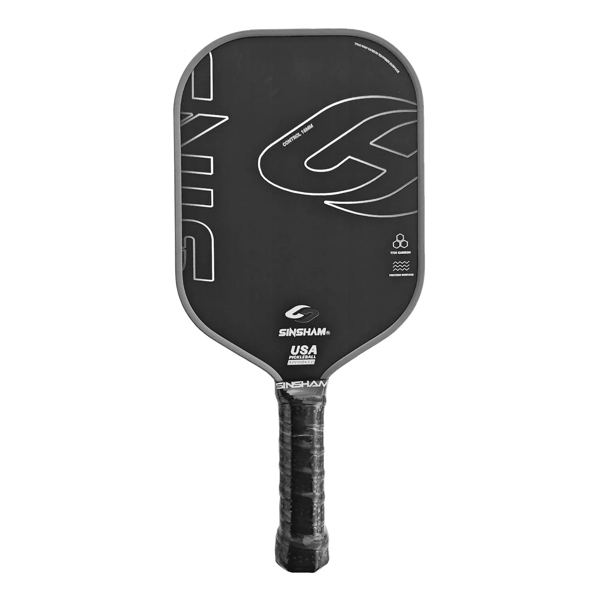 A-black-grey-trimmed-pickleball-paddle-with-USPA-Certified
