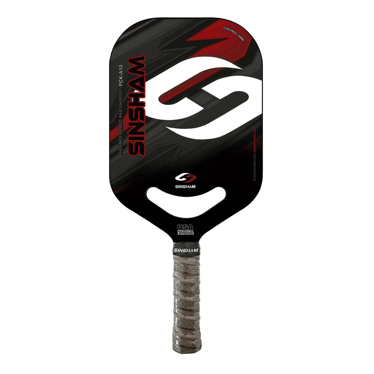 A-pickleball-paddle-with-red-and-black-pattern-on-the-face