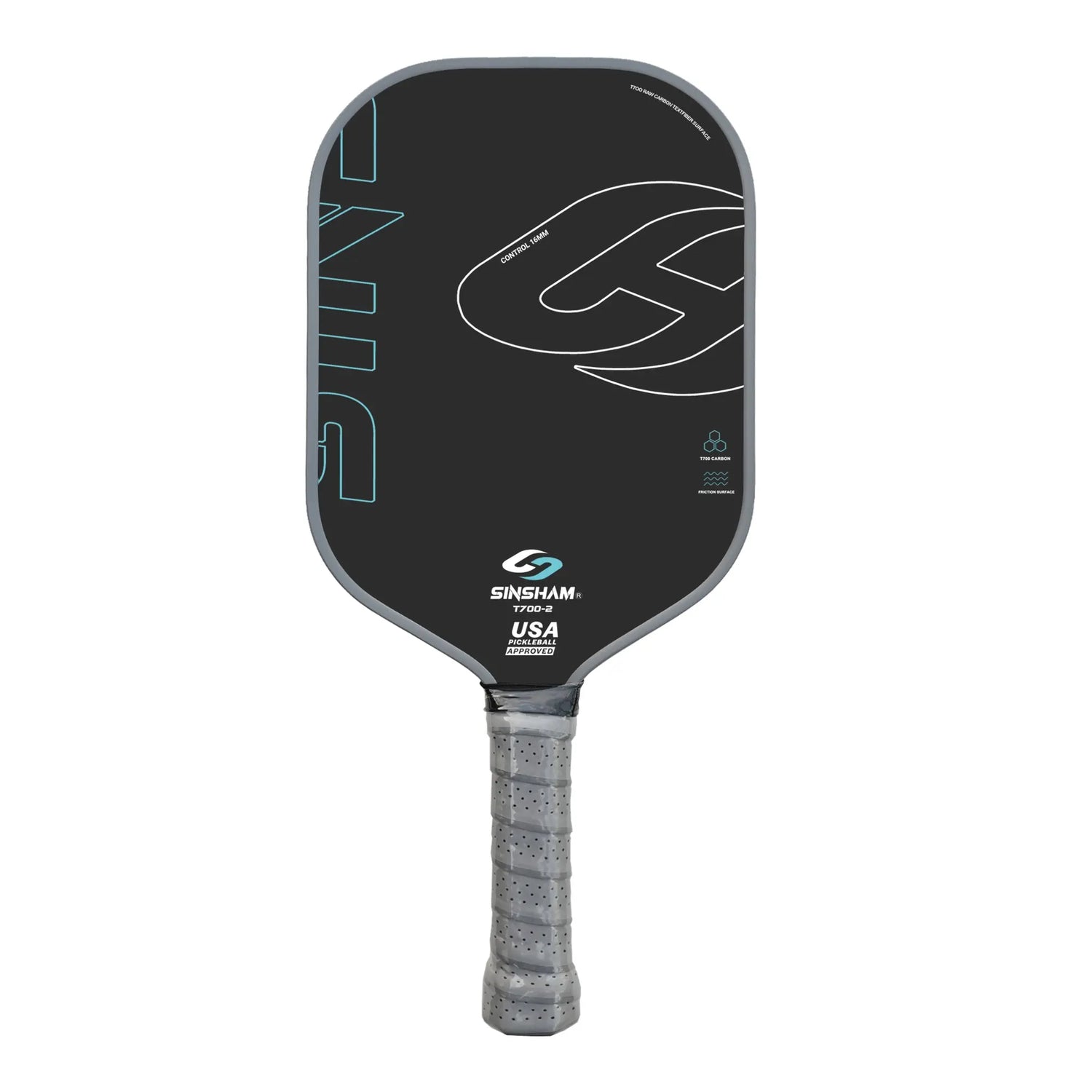a-T700-Pickleball-paddle-with-blue-lettering-black-face-gray-trim
